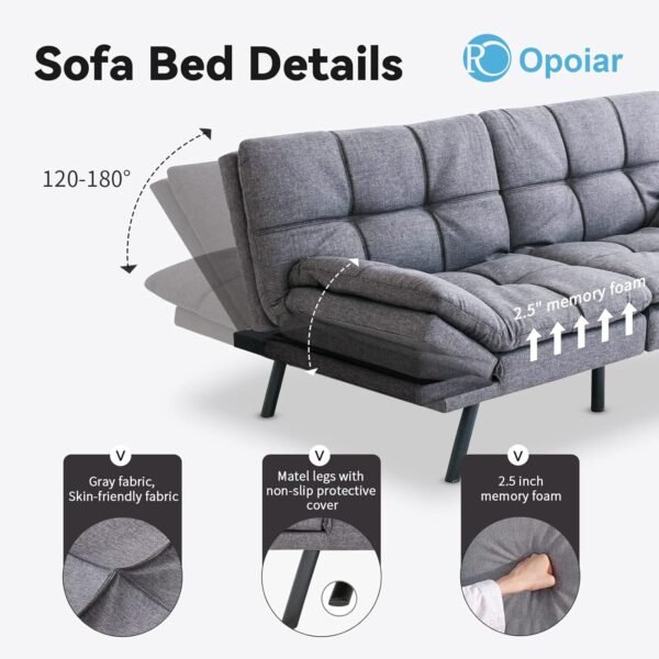 Opoiar Futon Sofa Bed Twin, Memory Foam Couch Bed with Mattress and Frame Included,Comfortable Grey Fabric Loveseat Sleeper Sofa for Dorm Apartment Office College Small Space Bedroom - Image 6
