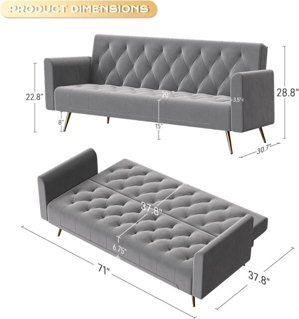 OUYESSIR Velvet Futon Sofa Bed with 2 Pillows, Convertible Futon Small Couch, 71 inch Sleeper Sofa for Bedroom Living Room, Grey - Image 2