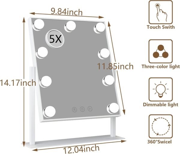 VVSmriti Tabletop Mount Vanity Mirror with Lights Makeup Mirror with with 9 LED Lights Smart Touch Control 3 Colors Light 360° Rotation (White) - Image 2