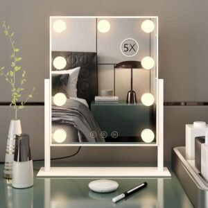 VVSmriti Tabletop Mount Vanity Mirror with Lights Makeup Mirror with with 9 LED Lights Smart Touch Control 3 Colors Light 360° Rotation (White)