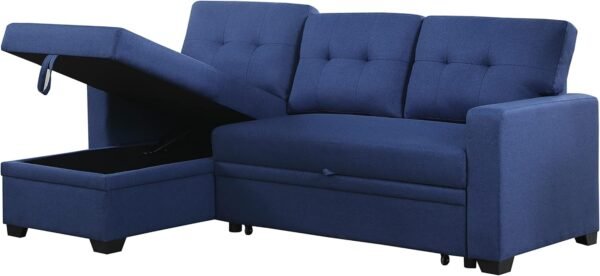 RITSU Button Tufted Sectional L-Shape Pull Up Convertible Sleeper Sofa Bed with Storage Chaise for Living Room, Small Apartment, Dorm, 82 Inch, A3-Blue - Image 2