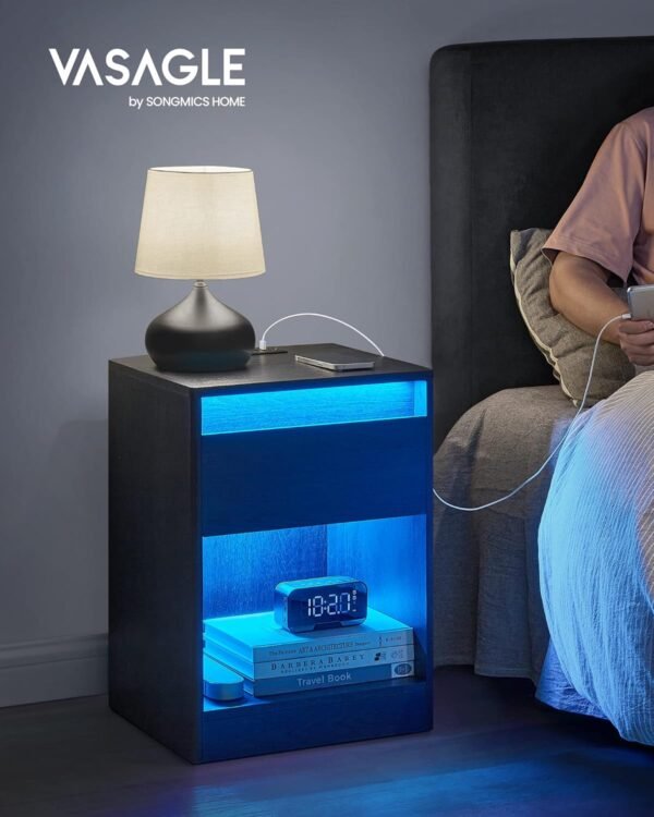 VASAGLE Nightstand with Charging Station, Side End Adjustable LED Lights, Bedside Table with Drawer 2 AC Outlets, 2 USB Ports, Modern, for Bedroom, 13.7" D x 15.7" W x 21.7" H, Black - Image 3