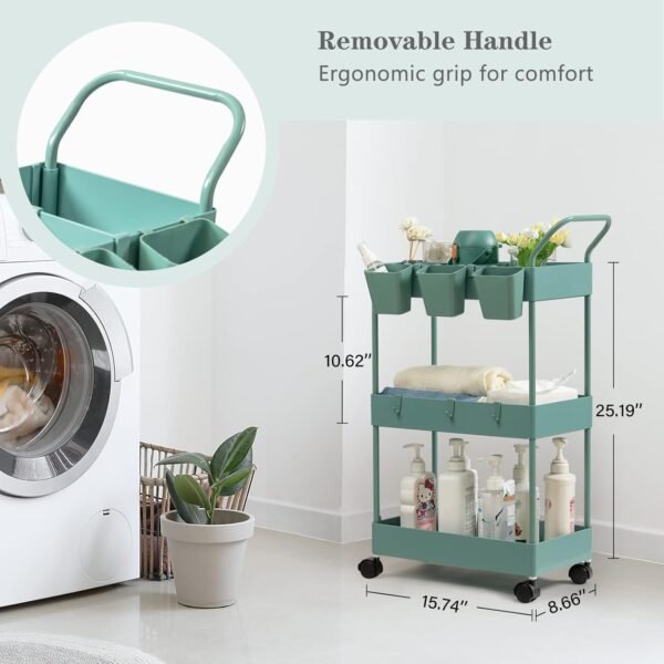 danpinera Storage Cart on Wheels, 3 Tier Bathroom Cart Organizer Slim Laundry Cart Narrow Shelf Cart with Wheels Dividers Hanging Cups Hooks Handle Easy Assembly, Green - Image 4