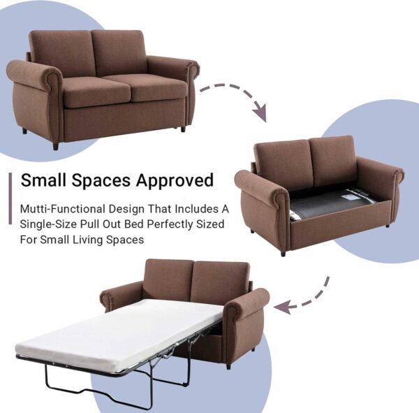 P PURLOVE Sleeper Sofa Bed, Pull Out Sofa Bed Loveseat Sleeper with Twin Size Memory Mattress, Modern Linen Couch Bed Chairs for Living Room, Bedroom and Small Space (Brown) - Image 5