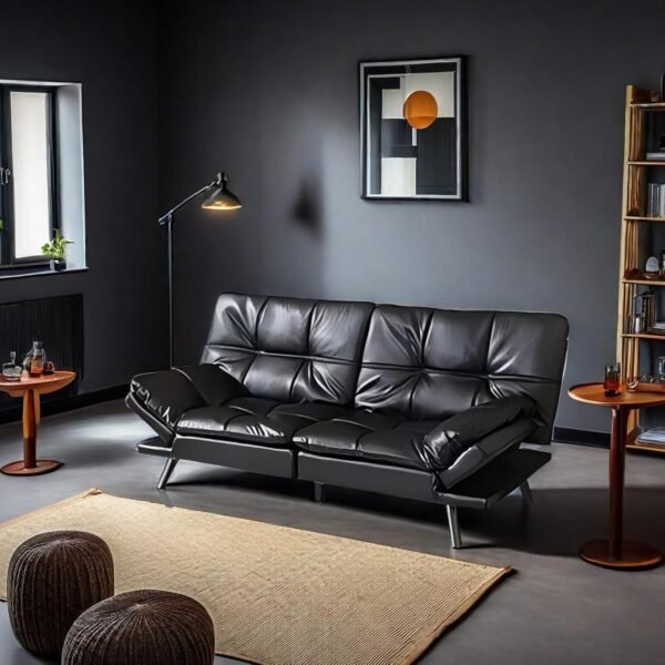 Futon Sofa Bed Convertible Sofa Bed, Loveseat Sleeper Sofa with Memory Foam Adjustable Backrest Design, 72" Leather Small Couch for Living Rooms, Apartment, Studio(Bright Black) - Image 6