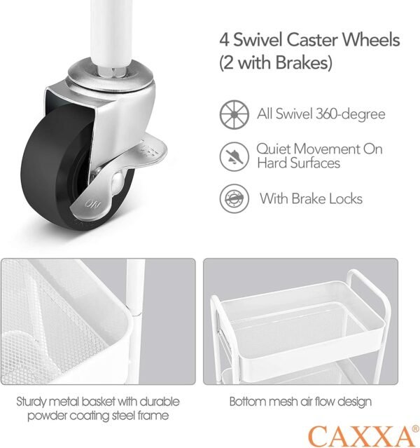 CAXXA 3-Tier Rolling Metal Storage Organizer - Mobile Utility Cart Kitchen Cart with Caster Wheels, White - Image 4