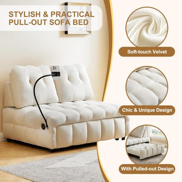 48" Pull Out Sofa Bed, Modern Convertible Sofa Bed Couch with Removale Back, Velvet Cloud Sofa with USB Port and Swivel Phone Stand, Suitable for Living Room, Apartment, Small Place - Beige - Image 3