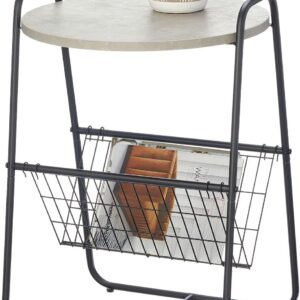 mDesign Industrial Side/End Table with Wire Storage Basket, Metal Nightstand – Minimal Design, Accent Furniture for Living Room, Bedroom, Office, and Dorm Room – Black/Cement Gray
