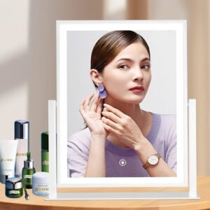 Lighted Makeup Mirror with Lights for Desk Vanity Tabletop Mirror 16in White Hollywood Big LED Mirror Dimmable Adjustable Colour,Smart Touch,Metal Sturdy Frame,360°Ratation,Send 10x Magnifying