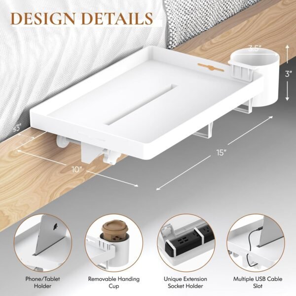 Bedside Shelf for Bunk Bed, College Dorm Room Essentials with Removable Handing Cup & Cable Catch, White Clip on Floating Nightstand for Top Bunk Loft Bed Accessories, Bedside Table Tray for Students - Image 2