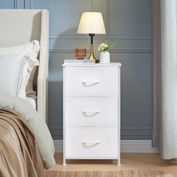 Somdot White Nightstand, 3 Drawer Dresser for Bedroom, Bedside Table Night Stand End Table with Fabric Bins for Bedroom Nursery Closet Dorm Living Room, White Leather - Image 2
