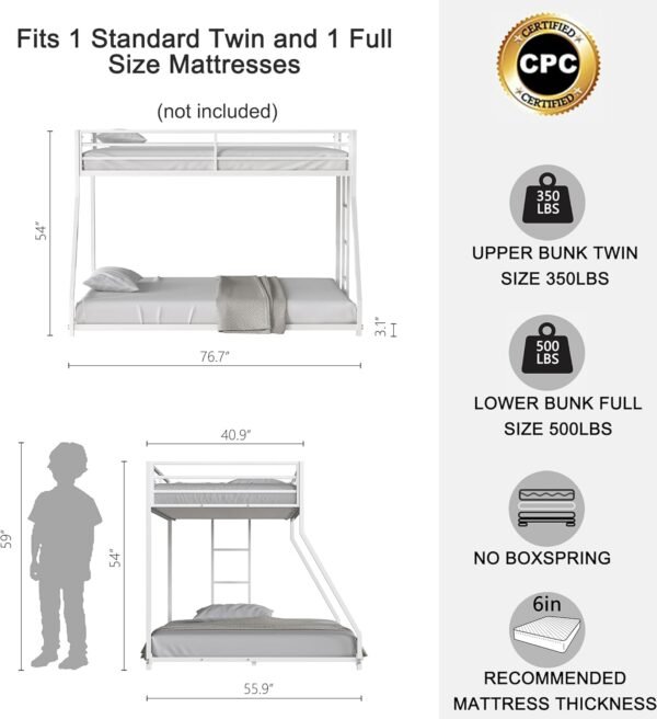 ROOMTEC Twin Over Full Metal Bunk Bed Frame for Kids, Teens, and Adults, Floor Bed with Metal 22 Slats, Guardrail, Built-in Ladder, No Boxspring Required for Small Spaces, White - Image 4