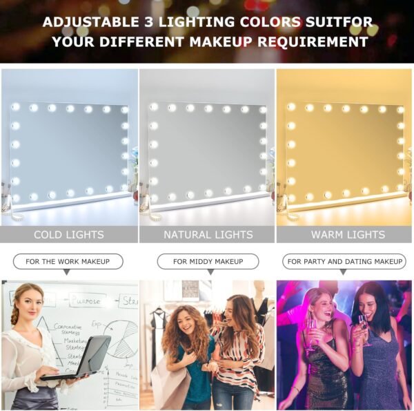 24.4"x 20.4" Vanity Mirror Makeup Mirror with Lights,10X Large Hollywood Lighted Vanity Mirror with 22 Dimmable LED Bulbs,3 Color Modes,Touch Control for Bedroom,Tabletop or Wall-Mounted - Image 2