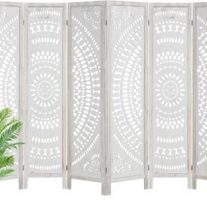 Babion 6 Panel Room Divider, Folding Portable Partition Screen, Carved Wood Folding Room Divider, Modern Bedroom Decoration, 5.6ft Folding Screen-Milky White