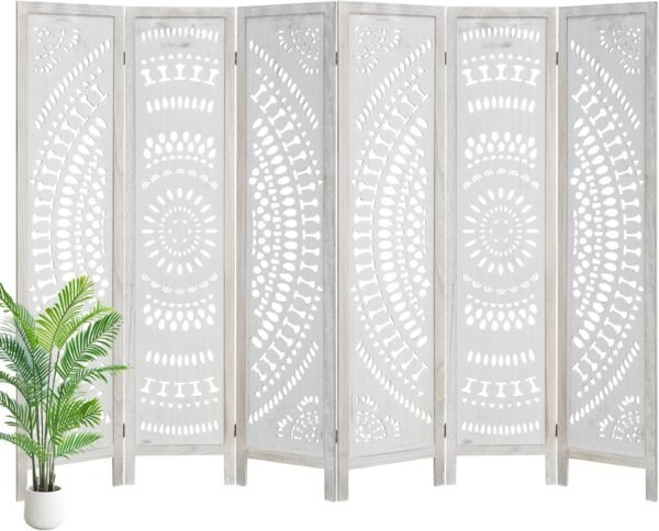 Babion 6 Panel Room Divider, Folding Portable Partition Screen, Carved Wood Folding Room Divider, Modern Bedroom Decoration, 5.6ft Folding Screen-Milky White