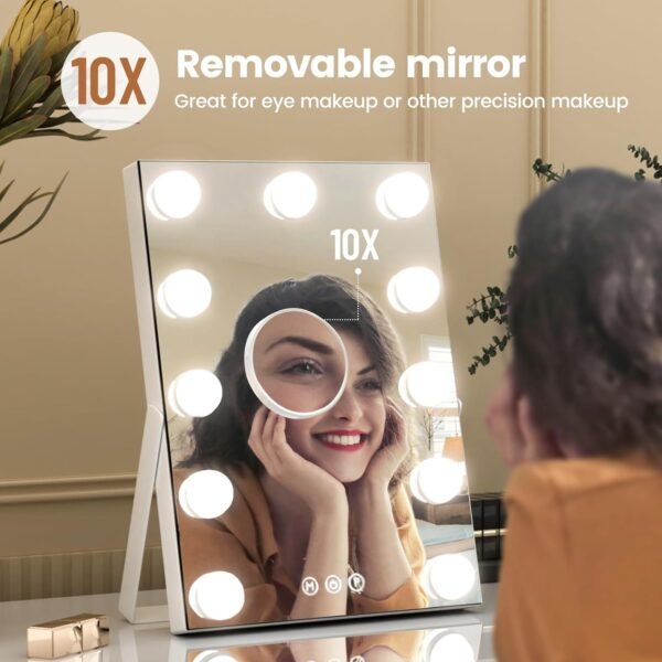 Hollywood Vanity Mirror, 11"x 14" Hollywood Lighted Makeup Mirror with Detachable 10X Magnification & 11Dimmable 3 Colors Modes LED Bulbs, Touch Control,Type-C Charging Port, White - Image 5
