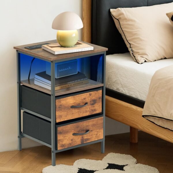 Nightstand, Bedside Furniture with LED and Charging Station, 2 Drawers Dresser for Bedroom, Night Stand, End Table with Open Shelf for Bedroom, Closet, Entryway, College Dorm, Set of 2, Rustic Brown - Image 2