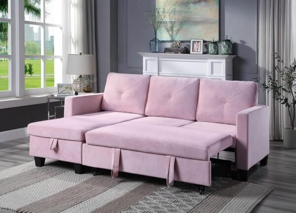 82.5'' L-Shape Convertible Sleeper Sectional Sofa with Storage Chaise and Pull-Out Bed, Velvet Upholstered Reversible Corner 3 Person Couch, for Living Room, Apartment, Pink