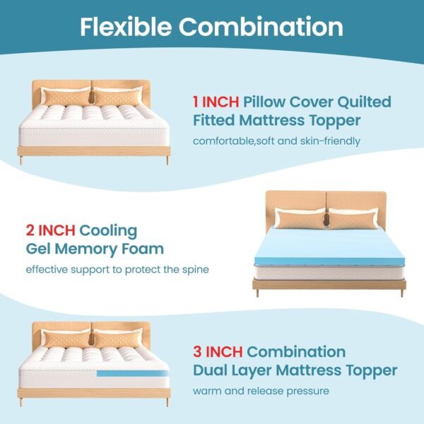 Pillow Top Mattress Topper King Size, AprLeaf 3 Inch Dual Layer Mattress Topper, 1 Inch Cooling Pillow Topper and 2 Inch Gel Memory Foam Mattress Topper for Back Pain - Image 5