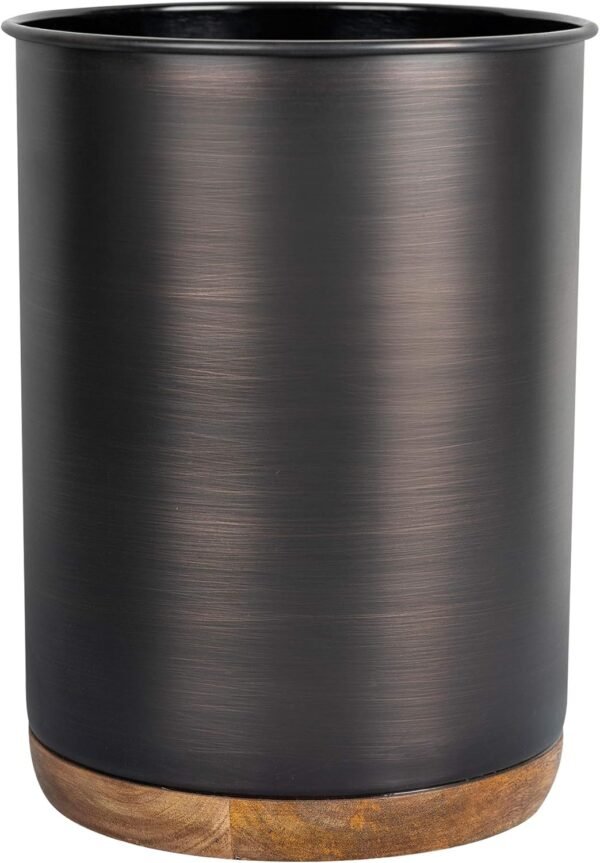 nu steel Salem Metal and Natural Wood Wastebasket, Small Round Plastic Vintage Trash Can for Bathroom, Bedroom, Dorm, College, Office, 8" x 8" x 11", Oil Rubbed Bronze
