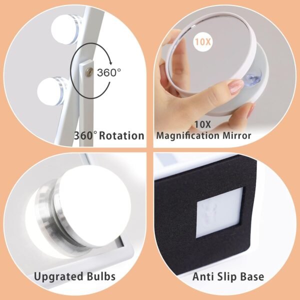 Fenair Vanity Mirror with Lights Lighted Hollywood Makeup Mirror with Lights and10X Magnification Mirror,12 Dimmable Bulbs 360° Rotation (White) - Image 6