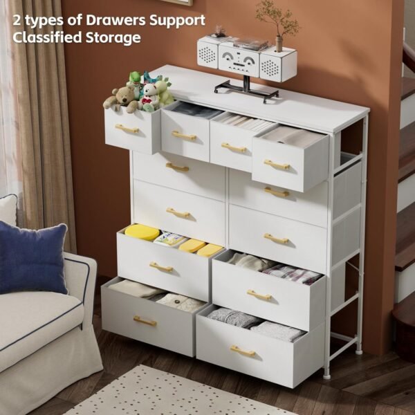 Large Tall Dresser with 12 Drawers for Closet, Bedroom, Living Room, Nursery, Dorm, Chest of Drawers with Fabric Bins, Leather Front, Wooden Top, Metal Handle (Glacier White) - Image 4