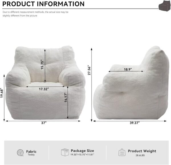 FOXHUNTER Bean Bag Chair for Adults, Bean Bag Sofa with Tufted Soft Stuffed Filling, Fluffy and Lazy Sofa Comfy Chair BeanBag Chairs with Memory Foam for Dorm Livingroom Apartment, Teddy Ivory - Image 2