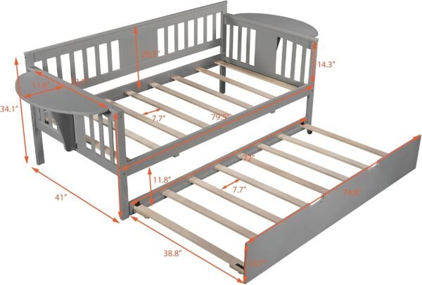 Twin Size Wooden Daybed with Trundle, Solid Wood Day Bed Sofa Bed with Samll Table on Both Sides for Living Room Bedroom Guestroom, Ideal Trundle Bed for Home, Space-Saving, Gray - Image 3