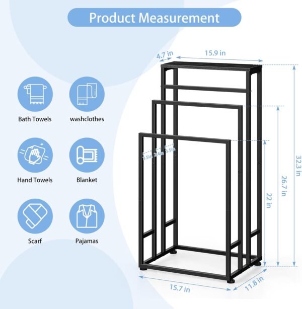 Freestanding Towel Rack 3 Tier Towel Drying Rack for Bathroom Standing Hand Towel Holder Black Towel Rack Stand with Storage Shelf for College Dorm Pool Side (Black) - Image 2