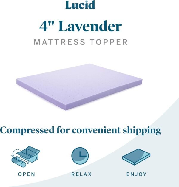 LUCID 4 Inch Lavender Infused Memory Foam Mattress Topper - Ventilated Design - Queen Size - Image 4