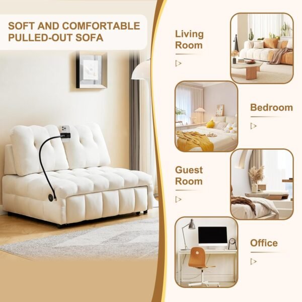 48" Pull Out Sofa Bed, Modern Convertible Sofa Bed Couch with Removale Back, Velvet Cloud Sofa with USB Port and Swivel Phone Stand, Suitable for Living Room, Apartment, Small Place - Beige - Image 8
