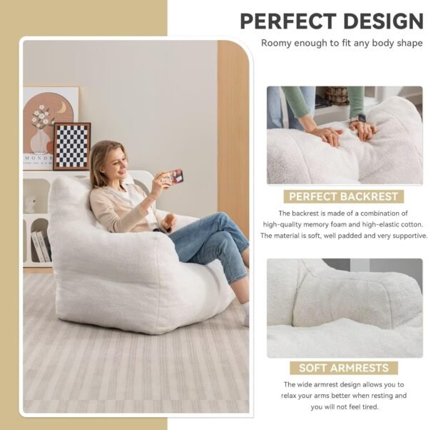 FOXHUNTER Bean Bag Chair for Adults, Bean Bag Sofa with Tufted Soft Stuffed Filling, Fluffy and Lazy Sofa Comfy Chair BeanBag Chairs with Memory Foam for Dorm Livingroom Apartment, Teddy Ivory - Image 3