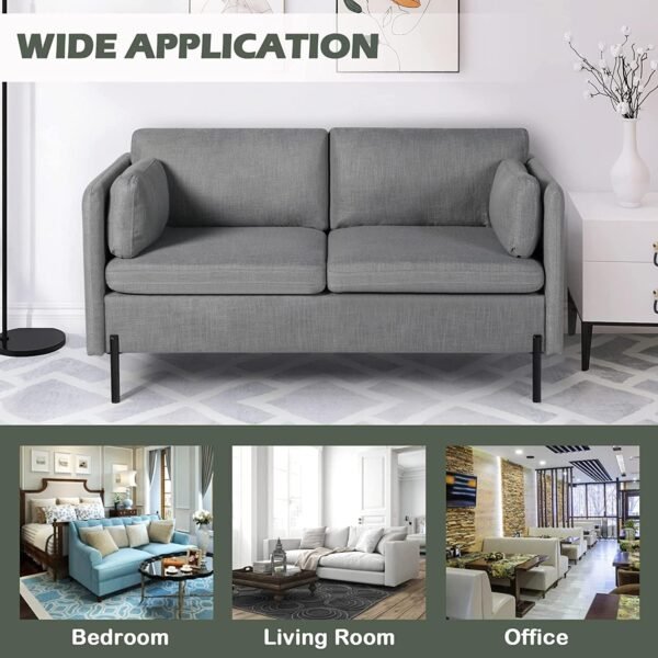 LINLUX Grey Fabric Loveseat Sofa Couch for Living Room, 55''W, 2 Pillows and Iron Legs, Mid Century Modern Design, Suitable for Small Spaces - Image 7