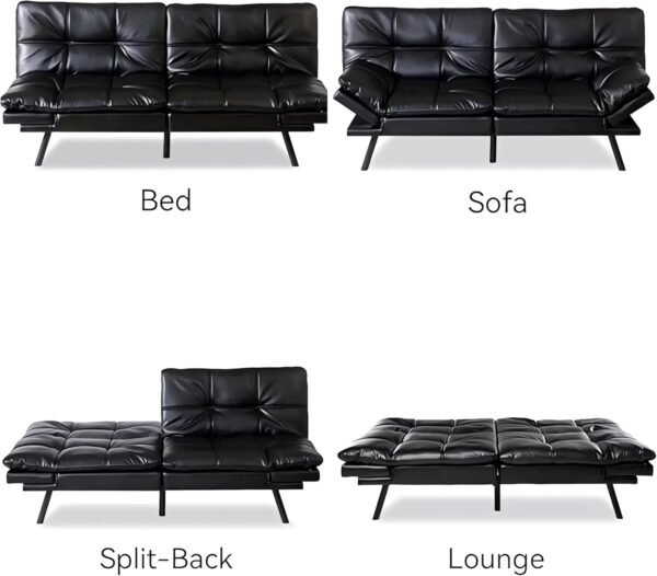 Futon Sofa Bed Convertible Sofa Bed, Loveseat Sleeper Sofa with Memory Foam Adjustable Backrest Design, 72" Leather Small Couch for Living Rooms, Apartment, Studio(Bright Black) - Image 3