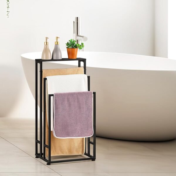 Freestanding Towel Rack 3 Tier Towel Drying Rack for Bathroom Standing Hand Towel Holder Black Towel Rack Stand with Storage Shelf for College Dorm Pool Side (Black) - Image 6