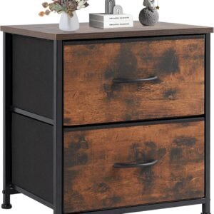 Sweetcrispy End Table with 2 Drawers for Bedroom, Small Bedside Nightstand, Storage Organizer Furniture, Fabric Cabinet Wood Top, Lightweight, Mini Dresser for Clothes, Closet, Dorm, 20″ Height