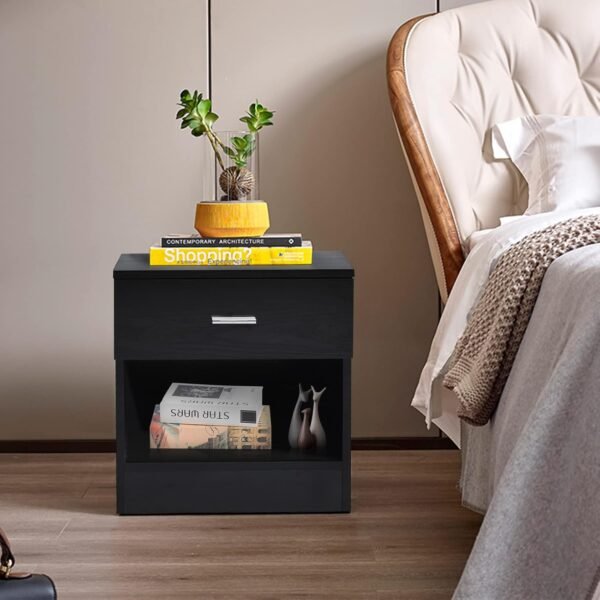 Nightstand, End Table, Bed Side Table/Night Stand for Bedroom, Small Spaces, College Dorm, Kids’ Room, Living Room, Wood, 16W x 14D x 18H (Black - B) - Image 2