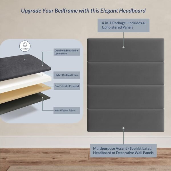 BELLEZE Upholstered Linen Headboards, Wall Mounted Accent Panels, Queen, Twin, or Single Headboards - Pack of 4 Panels, Grey (Each Individual Panel 38" x 11.5") - Image 3