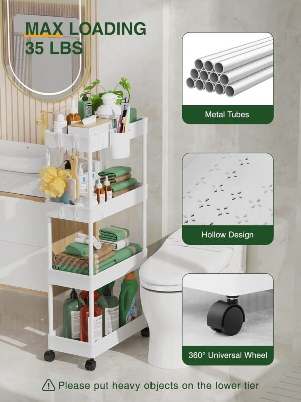 LEHOM Slim Rolling Storage Cart - 4 Tiers Bathroom Organizer Utility Cart Slide Out Storage Shelves Mobile Shelving Unit for Kitchen, Bedroom, Office, Laundry Room, Small Narrow Spaces (Pear White) - Image 5