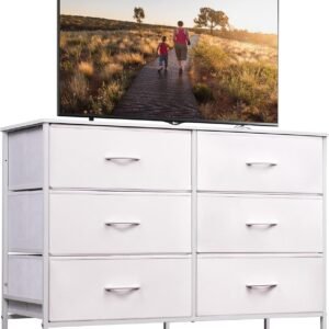WLIVE Wide Dresser with 6 Drawers, TV Stand for 50″ TV, Entertainment Center with Metal Frame, Wooden Top, Fabric Storage Dresser for Bedroom, Hallway, Entryway, White