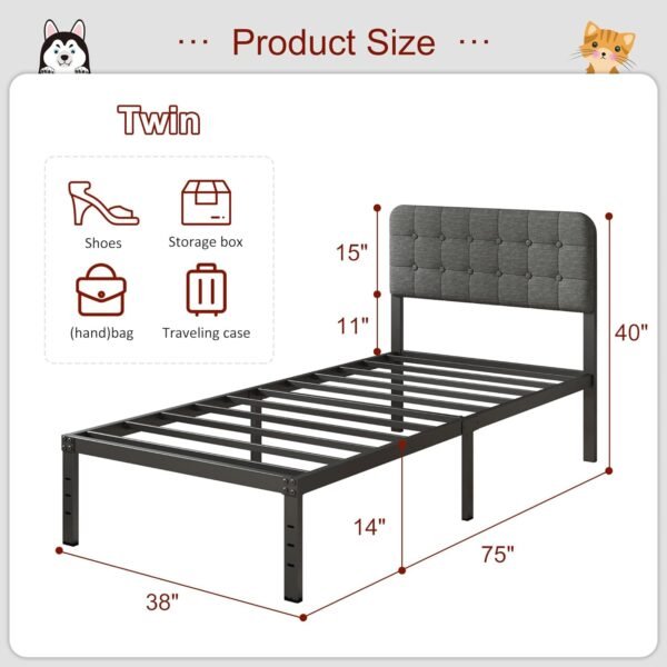 Twin Bed Frames with Upholstery Headboard, 14 Inch Twin Bed Frame No Box Spring Needed Support Up to 2500 lbs, Noise Free, Easy Assembely, Grey - Image 5