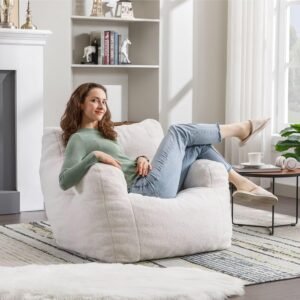 FOXHUNTER Bean Bag Chair for Adults, Bean Bag Sofa with Tufted Soft Stuffed Filling, Fluffy and Lazy Sofa Comfy Chair BeanBag Chairs with Memory Foam for Dorm Livingroom Apartment, Teddy Ivory