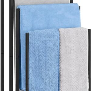 Freestanding Towel Rack 3 Tier Towel Drying Rack for Bathroom Standing Hand Towel Holder Black Towel Rack Stand with Storage Shelf for College Dorm Pool Side (Black)