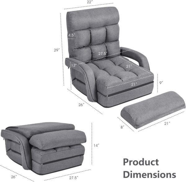 Giantex Folding Lazy Sofa Floor Chair, Indoor Chaise Lounger Bed with 6 Adjustable Position, Pillow Living Room Lounge Couch(Gray) - Image 3