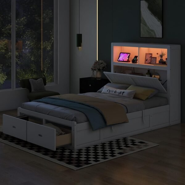 Full Size Platform Bed with Storage Shelves Headboard, Hydraulic Storage Cabinets and 2 Drawers Underneath, Wood Lift Up Bed Frame with LED Light and Charging Station, White - Image 3