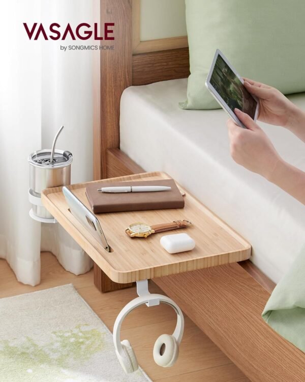VASAGLE Bedside Shelf for Top Bunk, College Dorm Room Essentials Clip On Nightstand Bedside Storage with Phone Slot, Cup Holder, Hook, Clamps, Dormitory, Loft Accessories, Natural Beige ULET301N03 - Image 2