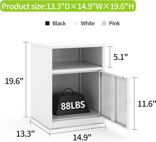 Metal Night Stand, White Bedside Table with Open Shelf, Small Nightstand, Small Dresser, Side Table with Storage for Bedroom and Living Room 19.6" H x 14.9" W x 13.3" D - Image 2