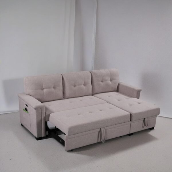 RITSU Linen 84" Reversible Sleeper Sectional Sofa with Storage Chaise and USB Charging Ports，Convertible Sectional Sofa w/Cell Phone Pocket & Magazine Pouch，for Living Room, Apartment - Image 6