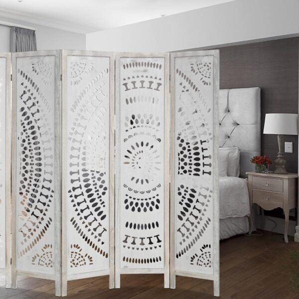 Babion 6 Panel Room Divider, Folding Portable Partition Screen, Carved Wood Folding Room Divider, Modern Bedroom Decoration, 5.6ft Folding Screen-Milky White - Image 4
