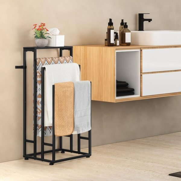 Freestanding Towel Rack 3 Tier Towel Drying Rack for Bathroom Standing Hand Towel Holder Black Towel Rack Stand with Storage Shelf for College Dorm Pool Side (Black) - Image 5